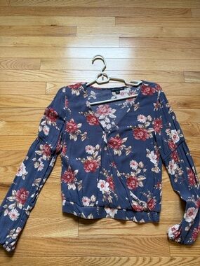 American Eagle Outfitters Navy Floral Wrap Blouse with Rose Accents